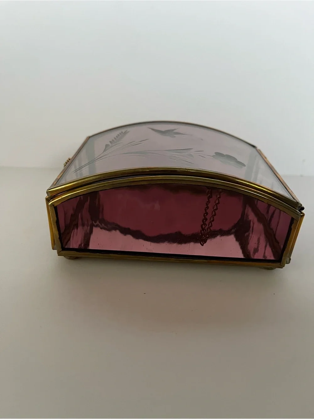 Vintage Brass Trinket Jewelry Box Etched Floral Purple Glass Curved Lid Romantic